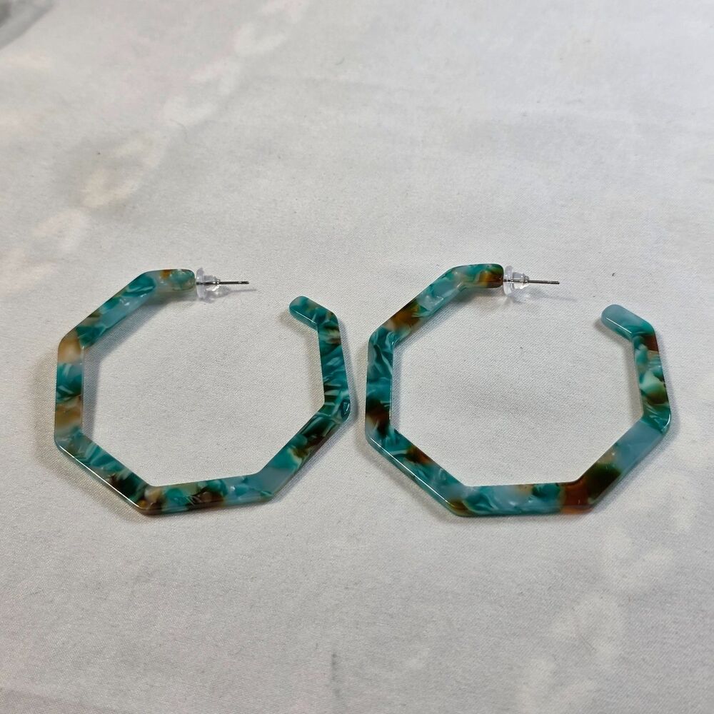 Teal Tortoise Resin Hoop Earrings Acrylic Geometric Octagon Statement Fashion